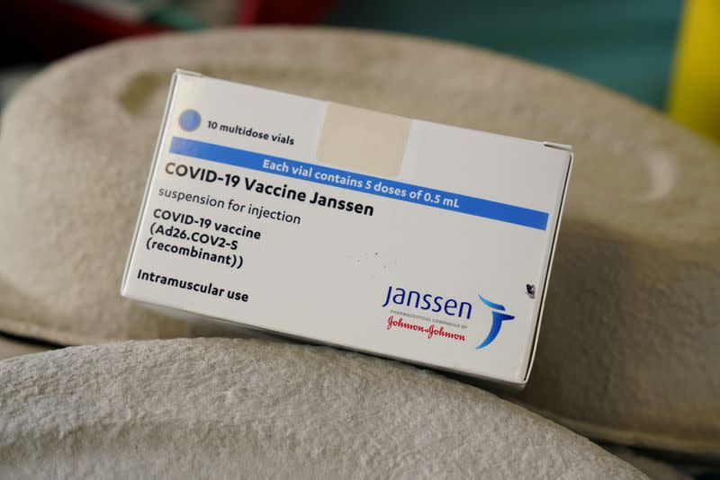 FILE PHOTO: A box of Johnson & Johnson's COVID-19 vaccines is seen at the Forem vaccination centre in Pamplona
