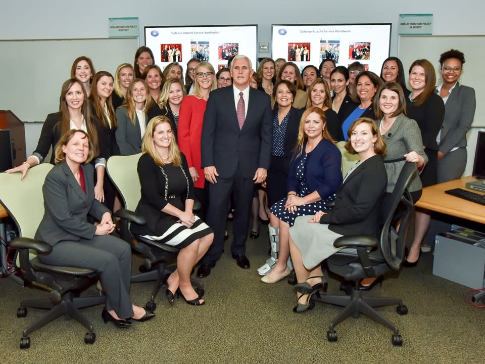 Mike Pence poses with attaché spouses participating in the Defense Intelligence Agency Defense Attaché program during his visit to DIA headquarters on Nov. 6. (Photo: DIA Public Affairs)