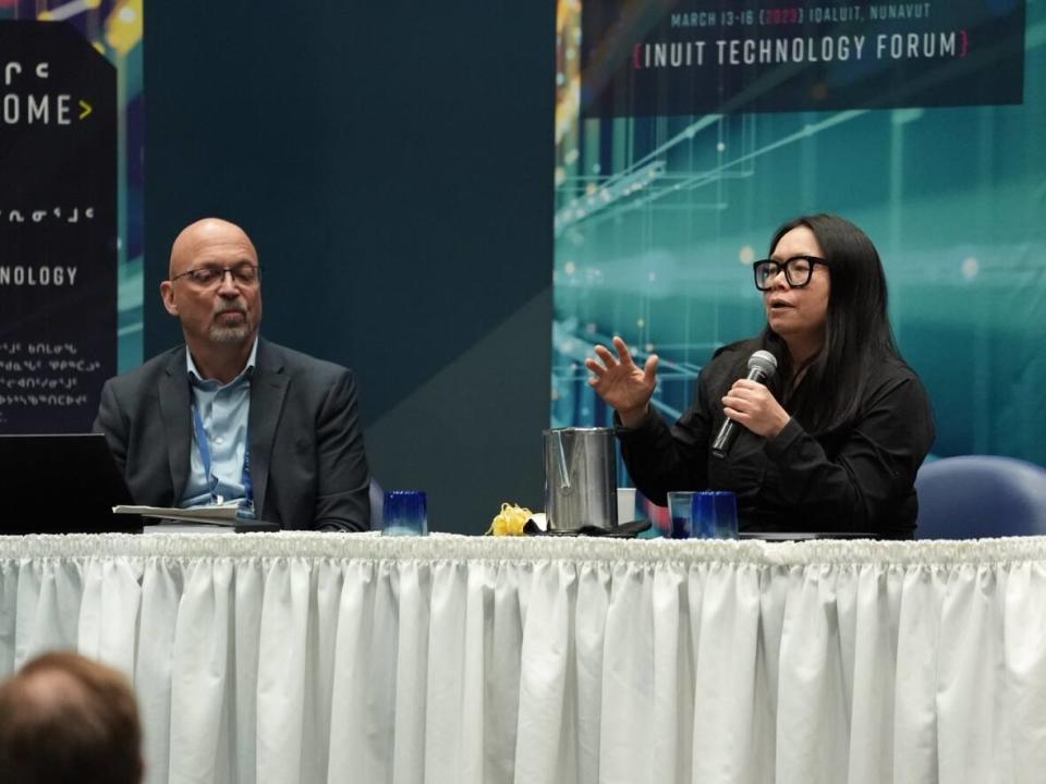Madeleine Redfern, right, is the chief operating officer of CanArctic Inuit Networks. She spoke about the need for events like the Inuit Technology Forum to be held in the North rather than in southern areas of Canada. (David Gunn/CBC - image credit)