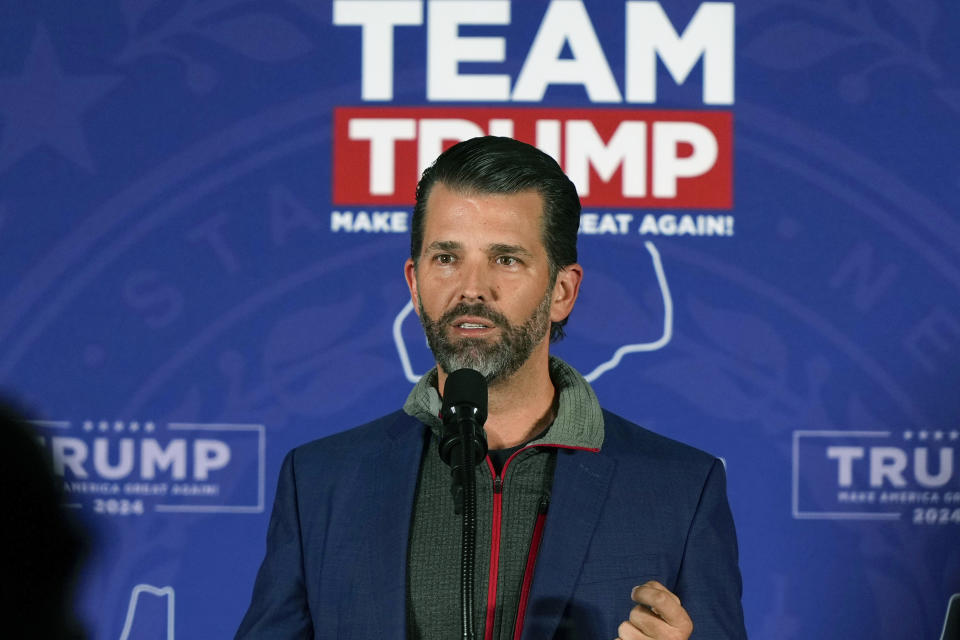 FILE - Donald Trump Jr., speaks at a rally for his father, Republican presidential candidate, former President Donald Trump, in Laconia, N.H., Jan. 22, 2024. A federal appeals court rejected an appeal Monday, March 25, 2024, from former coal executive Don Blankenship, who argued that Donald Trump Jr. defamed him by calling him a “felon.” (AP Photo/Matt Rourke, File)
