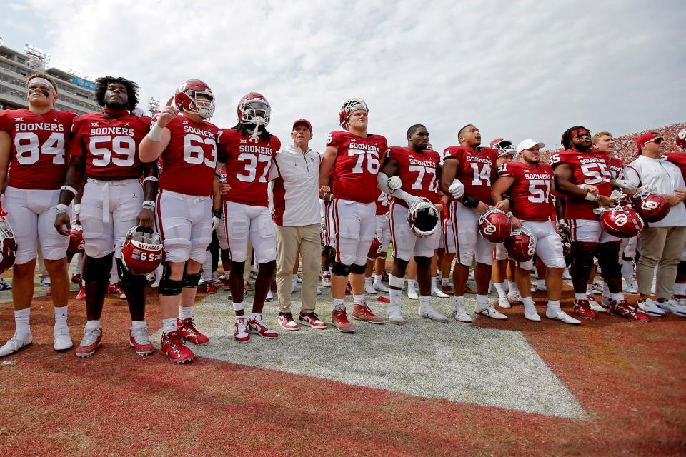 OU football coach Brent Venables lines up with his team after a 49-0 loss to Texas in the Red River Rivalry game at the Cotton Bowl in Dalla on Oct. 8, 2022.