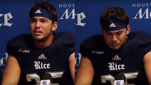 The 100-kilogram running back was reduced to tears during an emotional post game interview. Photo: YouTube