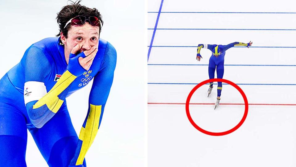 Sweden's gold medallist Nils van der Poel (pictured left) shocked after winning gold (pictured right) at the Winter Olympics.