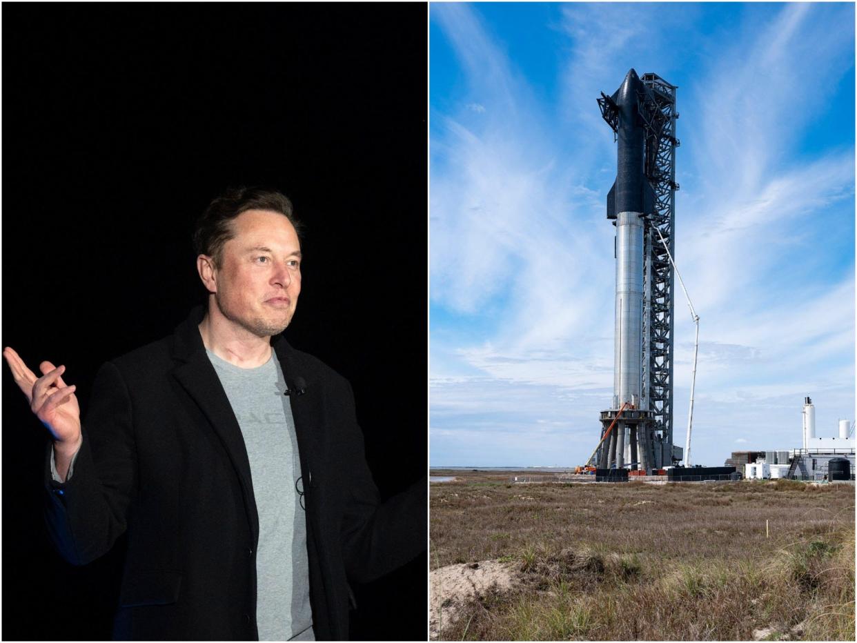 SpaceX CEO Elon Musk next to SpaceX's first orbital Starship SN20 is stacked atop its massive Super Heavy Booster 4 at the company's Starbase facility near Boca Chica Village in South Texas