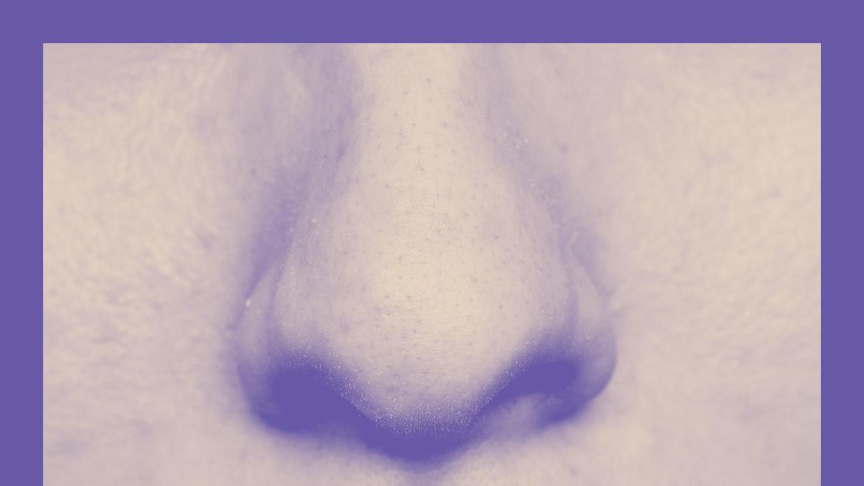 very close-up shot of a human nose with a purple tint on the image