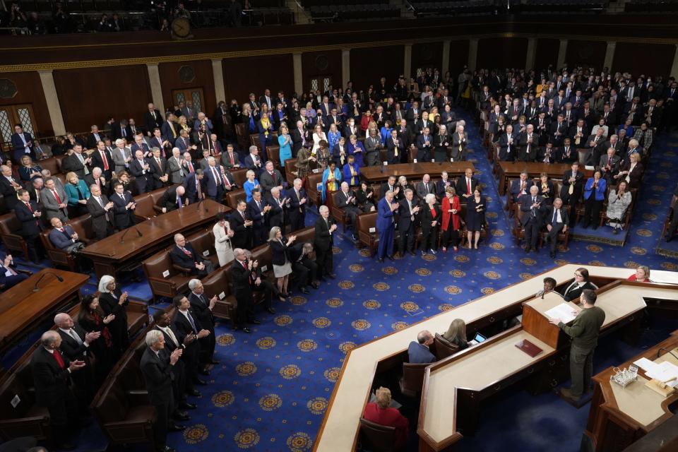 President Volodymyr Zelenskyy of Ukraine receives a standing ovation as he addresses a joint meeting of Congress at the Capitol on December 21, 2022.