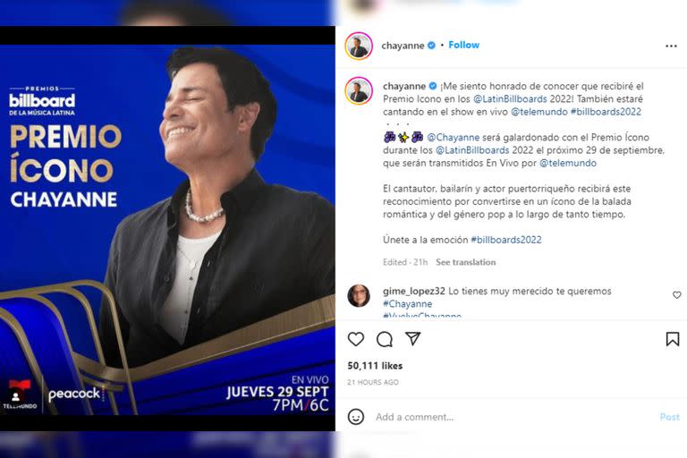 Chayanne recibirá este importante premio en septiembre (Foto Instagram @chayanne)