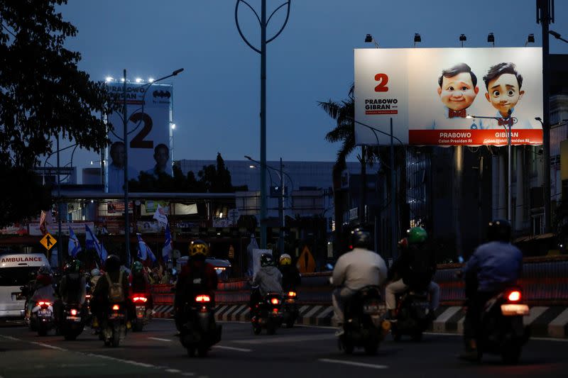 A billboard promoting Indonesia's Defence Minister and Presidential candidate Prabowo Subianto and his running mate Gibran Rakabuming Raka in Jakarta