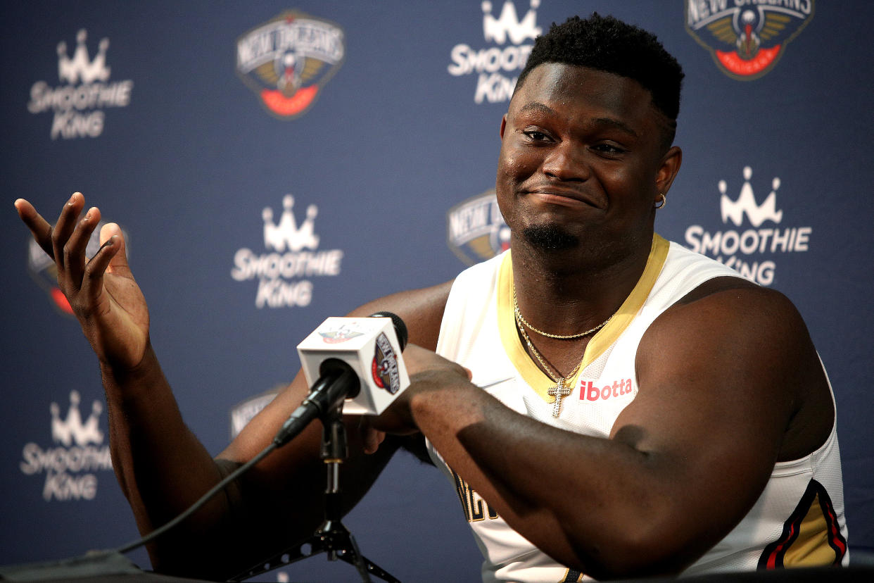 New Orleans Pelicans star Zion Williamson addressed his injury on media day. (Sean Gardner/Getty Images)