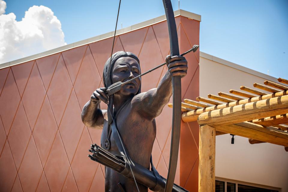 The bronze sculpture "Tvshka Homma," the "Red Warrior," by Kingfisher artist John Gooden, watches over the entry of the Choctaw Cultural Center in Calera, near Durant.