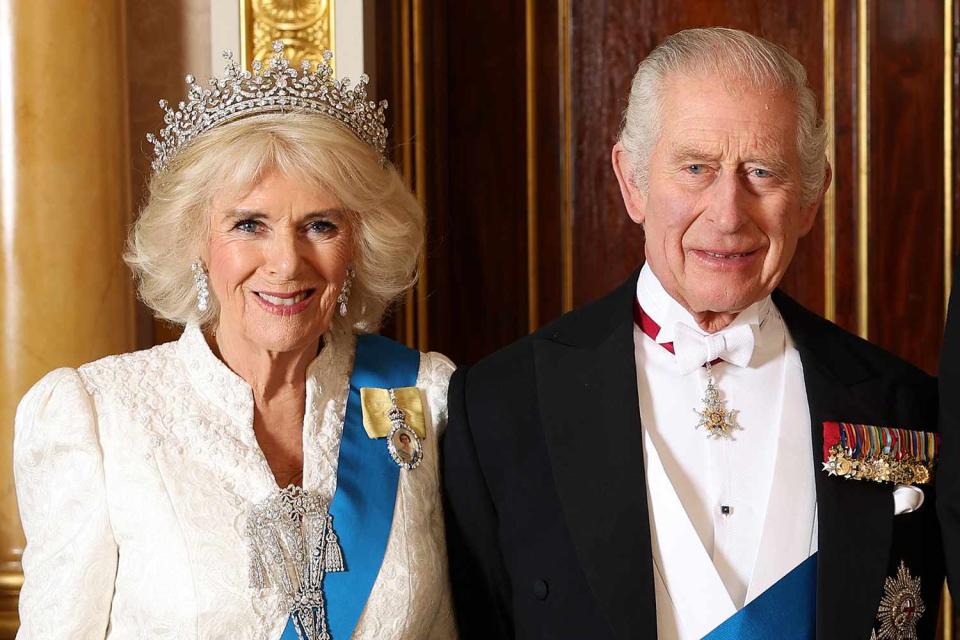 <p>Chris Jackson/Getty </p> Queen Camilla and King Charles at the Diplomatic Reception on Dec. 5, 2023