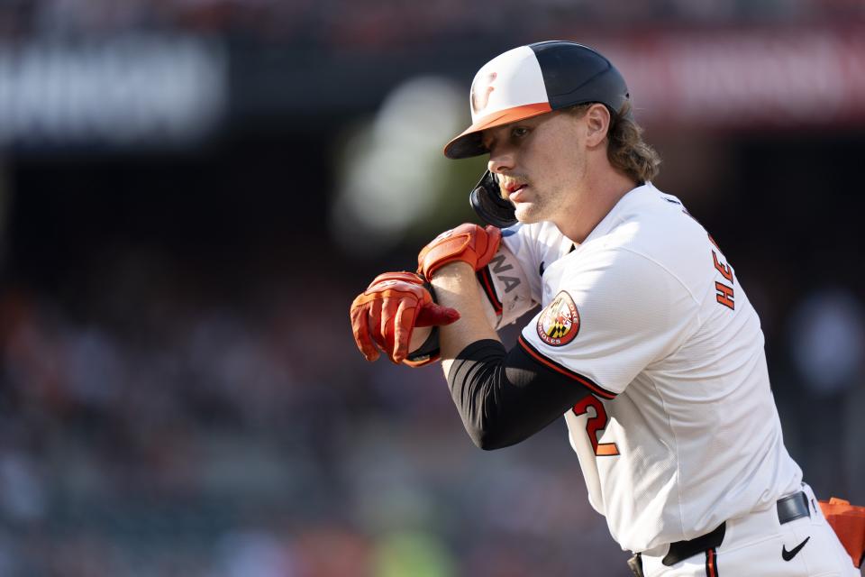 Baltimore Orioles' Gunnar Henderson (2) celebrates a single against the Texas Rangers during the first inning of a baseball game Thursday, June 27, 2024, in Baltimore. (AP Photo/Stephanie Scarbrough)