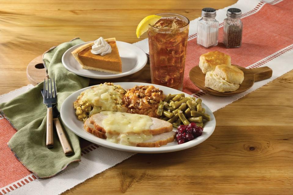 On Thanksgiving Day only, Cracker Barrel guests can sit down and enjoy a traditional Thanksgiving Homestyle Turkey n’ Dressing Meal..