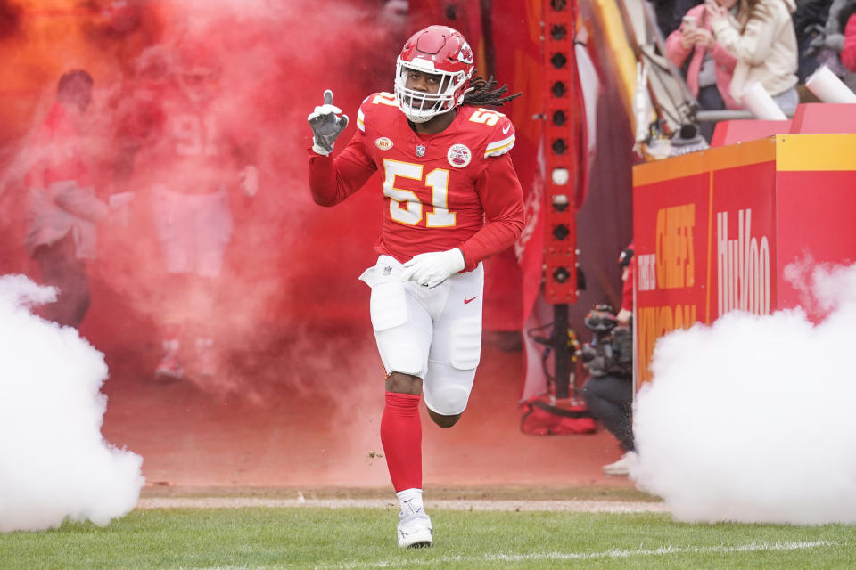 Dec 25, 2023; Kansas City, Missouri, USA; Kansas City Chiefs defensive end Mike Danna (51) is introduced against the Las Vegas Raiders prior to a game at GEHA Field at Arrowhead Stadium. Mandatory Credit: Denny Medley-USA TODAY Sports