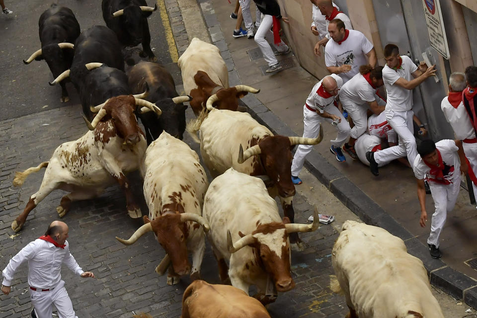 Revellers run next to fighting bulls during the running of the bulls at the San Fermin Festival, in Pamplona, northern Spain, Sunday, July 7, 2019. Revellers from around the world flock to Pamplona every year to take part in the eight days of the running of the bulls. (AP Photo/Alvaro Barrientos)