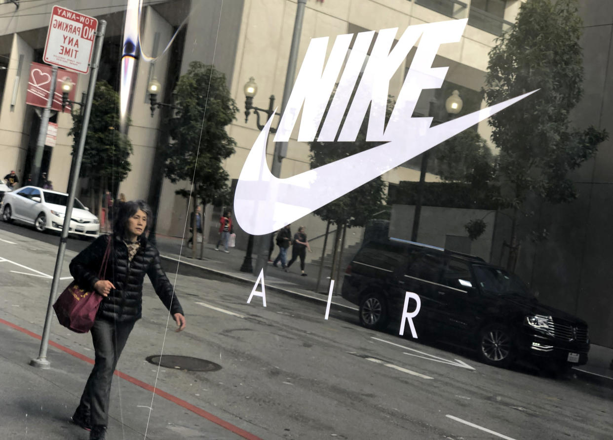 SAN FRANCISCO, CALIFORNIA - MARCH 21: The Nike logo is displayed on a window at a Nike store on March 21, 2019 in San Francisco, California. Nike will report third quarter earnings today after the closing bell of the New York Stock Exchange. (Photo by Justin Sullivan/Getty Images)