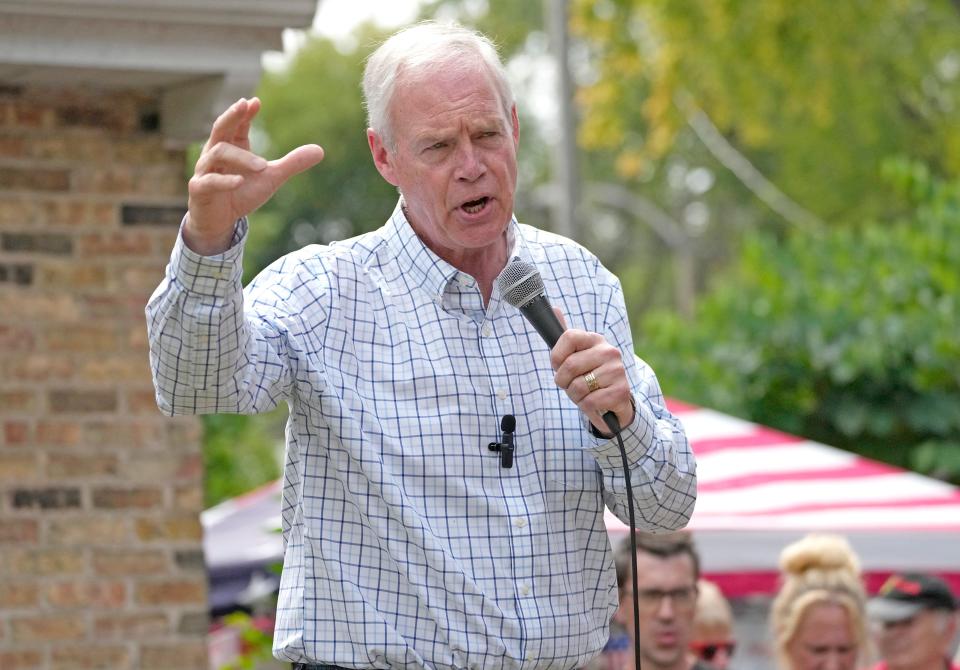 U.S. Sen. Ron Johnson speaks during the 53rd Chicken Burn on West Potter Road in Wauwatosa on Sunday, Aug. 28, 2022. The top contenders for governor and Senate spoke from the backyard of the home of activist Bob Dohnal. 