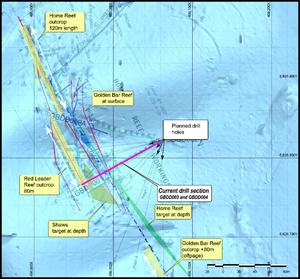 Plan view of Golden Bar Prospect, LiDAR (blue) surface over 1908 mine plan (Kenny, 1966).