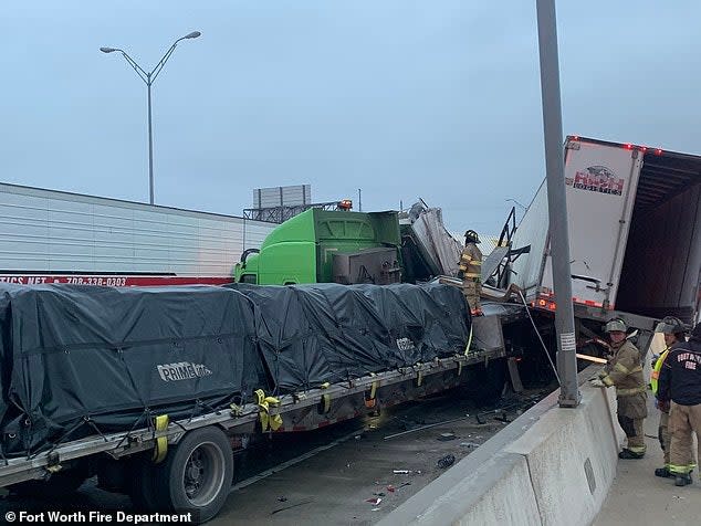Rescue crews respond to a 100 vehicle pile up on an iced-over North Freeway near Fort Worth, Texas.  (Fort Worth Fire Department)