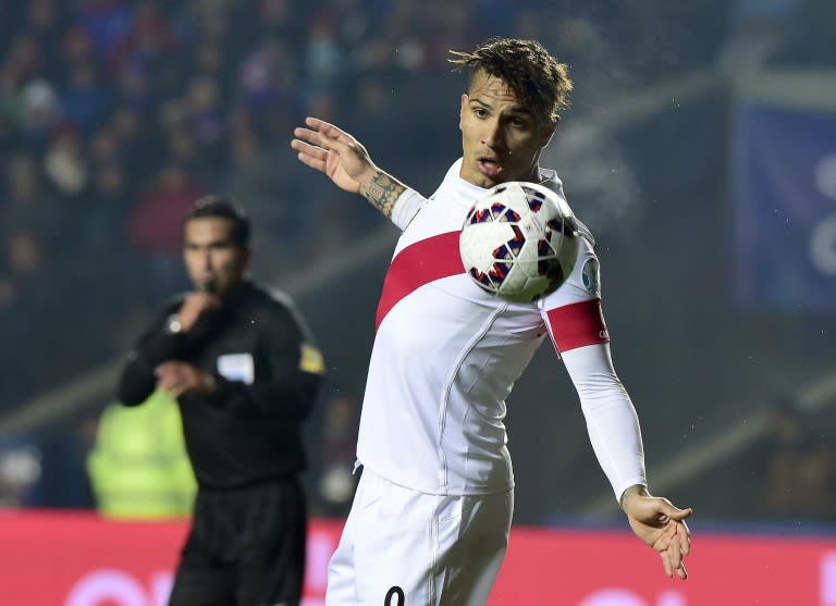 Peru's Paolo Guerrero eyes the ball during their Copa America 3rd place match against Paraguay, in Concepcion, Chile, on July 3, 2015