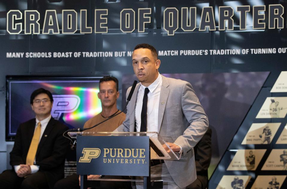 Purdue football head coach Ryan Walters speaks during a press conference introducing him as the new head coach, Wednesday, Dec. 14, 2022, at the Kozuch Football Performance Complex in West Lafayette, Ind. 