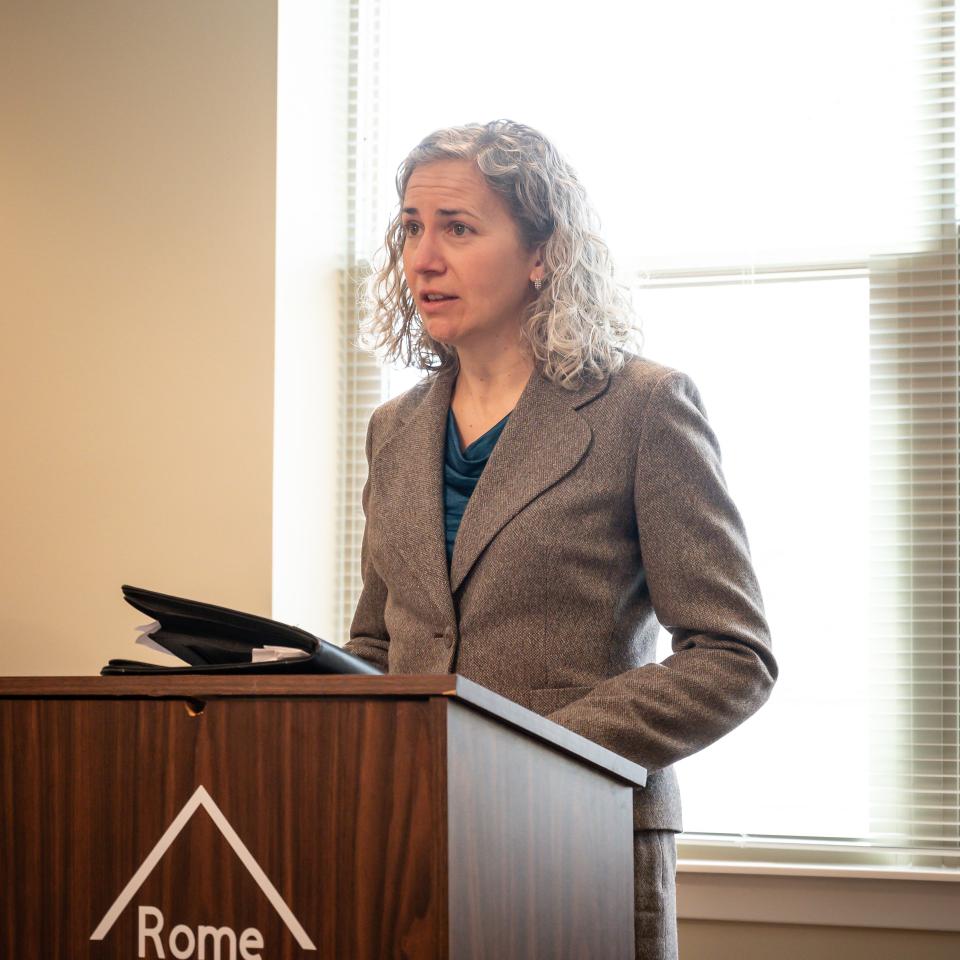 Program Manager at NYSERDA Rebecca Filbey speaks before the ribbon cutting for the Colonial II public housing development in Rome, NY on Friday, March 8, 2024.