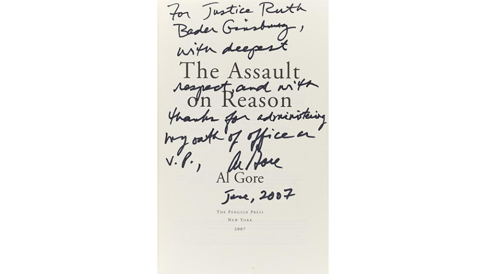 Al Gore’s “The Assault on Reason,” signed and inscribed to Ruth Bader Ginsburg. - Credit: Bonhams