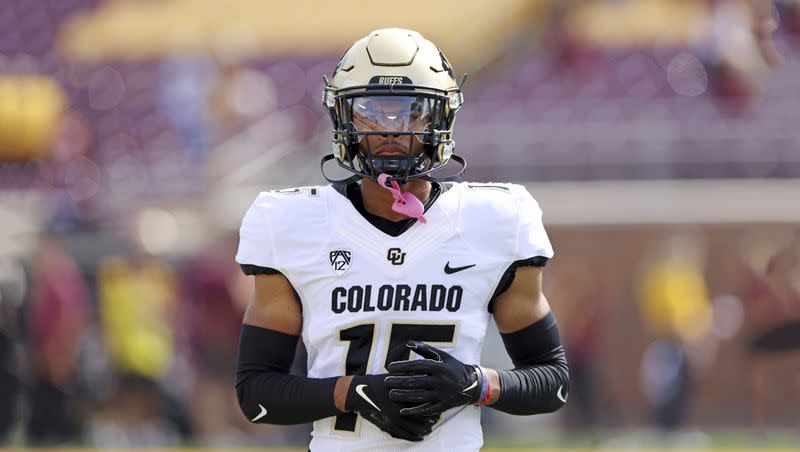 Colorado Buffaloes cornerback Simeon Harris (15) on the field prior to a game against Minnesota, Saturday, Sept. 17, 2022, in Minneapolis. Harris announced his transfer to Utah State on Wednesday.