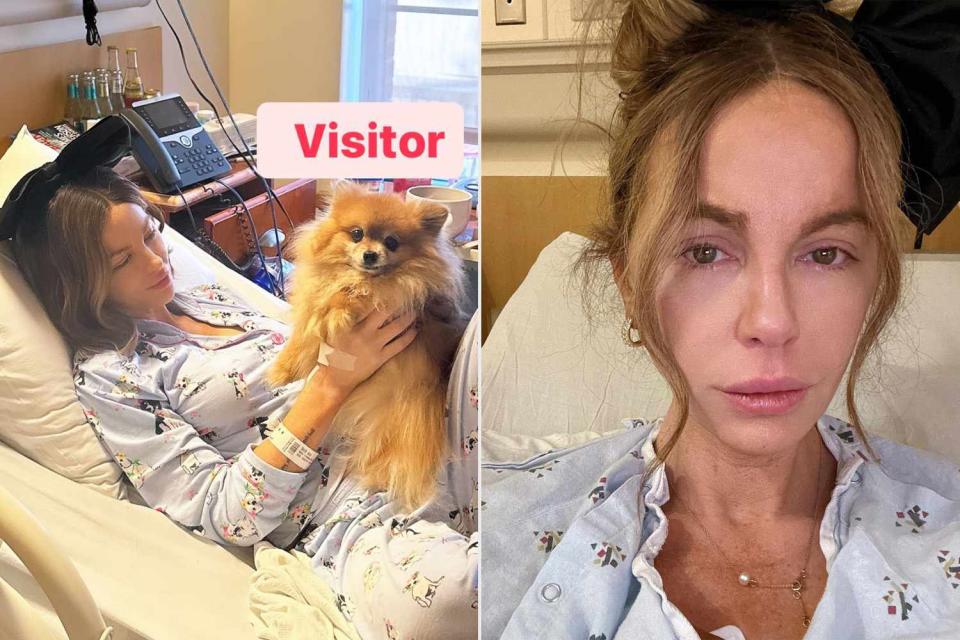 <p>kate Beckinsale/Instagram</p> Kate Beckinsale gets a visit from her Pomeranian Myf while in hospital.