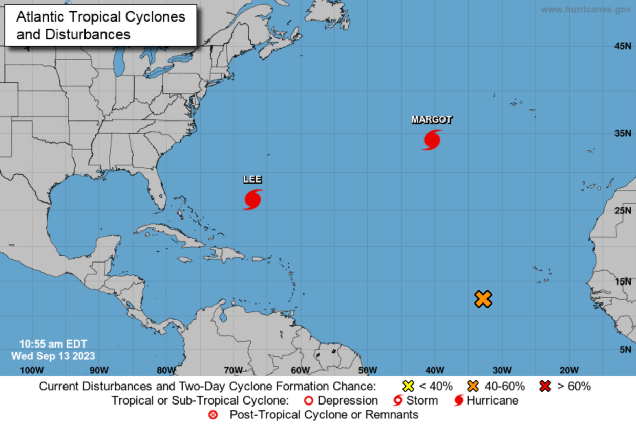 The locations of Hurricanes Lee and Margot in the Atlantic on Wednesday morning (National Hurricane Center)