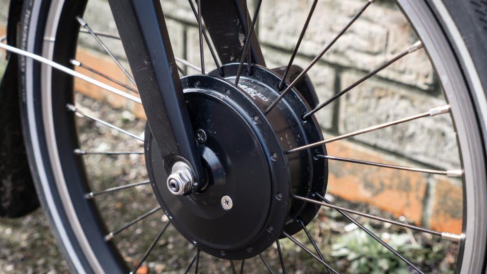 A close up of the front hub motor from the Cytronex e-bike conversion kit