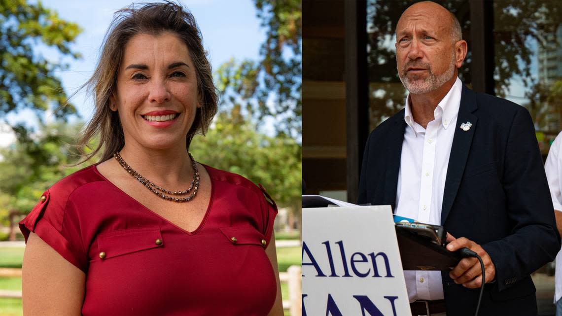 Donna Korn, left, the longtime Broward School Board member whom Gov. DeSantis suspended on Friday along with three other board members, and Allen Zeman, her challenger, on Monday held events to appeal to Broward County voters ahead of the Nov. 8 runoff election. Both are on the ballot for the District 8 at-large School Board seat as neither got more than 50 percent of the vote in the Aug. 23 primary election.