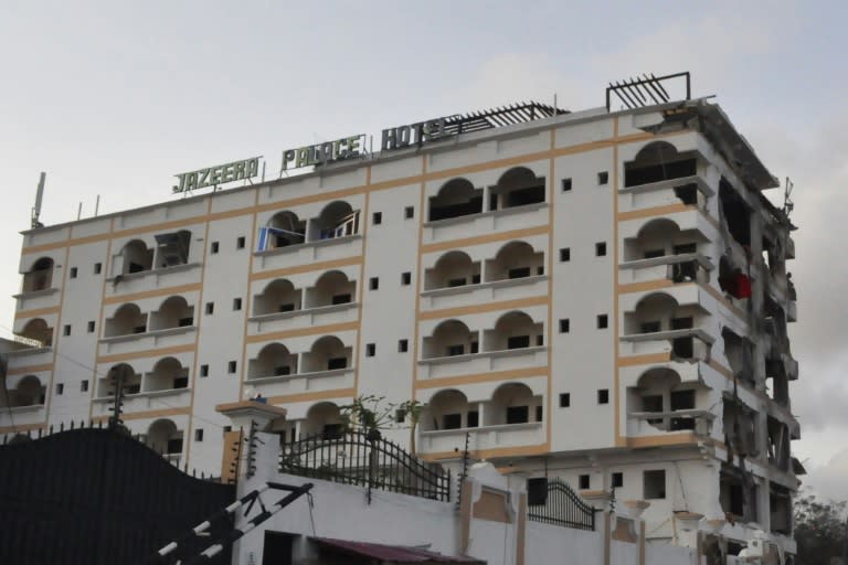 The damaged Jazeera Palace hotel following a suicide attack in Mogadishu on July 26, 2015