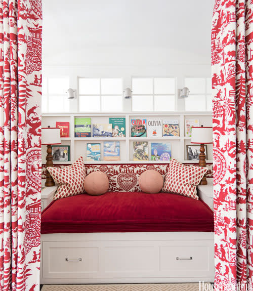 <div class="caption-credit"> Photo by: Reed Davis</div><div class="caption-title">Reading Room</div><p> The children's library doubles as a guest room for sleepovers in a Houston, Texas, house. "The children's reading room is a niche carved out of a hallway," designer Ann Wolf says. "It's a private, magical little space at the heart of the house, where you imagination can run wild." Shelves are designed to display book covers. Curtains are Pierre Frey's Alpage. </p> <p> <b>See more:</b> </p> <p> <a rel="nofollow noopener" href="http://www.housebeautiful.com/decorating/ideas/small-space-design-ideas?link=emb&dom=yah_life&src=syn&con=blog_housebeautiful&mag=hbu" target="_blank" data-ylk="slk:11 Ways to Maximize a Small Space;elm:context_link;itc:0;sec:content-canvas" class="link "><b>11 Ways to Maximize a Small Space</b></a> <br> <br> <a rel="nofollow noopener" href="http://www.housebeautiful.com/decorating/outrageous-color-combinations-for-rooms?link=emb&dom=yah_life&src=syn&con=blog_housebeautiful&mag=hbu" target="_blank" data-ylk="slk:Unexpected Color Combos That Really Work;elm:context_link;itc:0;sec:content-canvas" class="link "><b>Unexpected Color Combos That Really Work</b></a> </p>