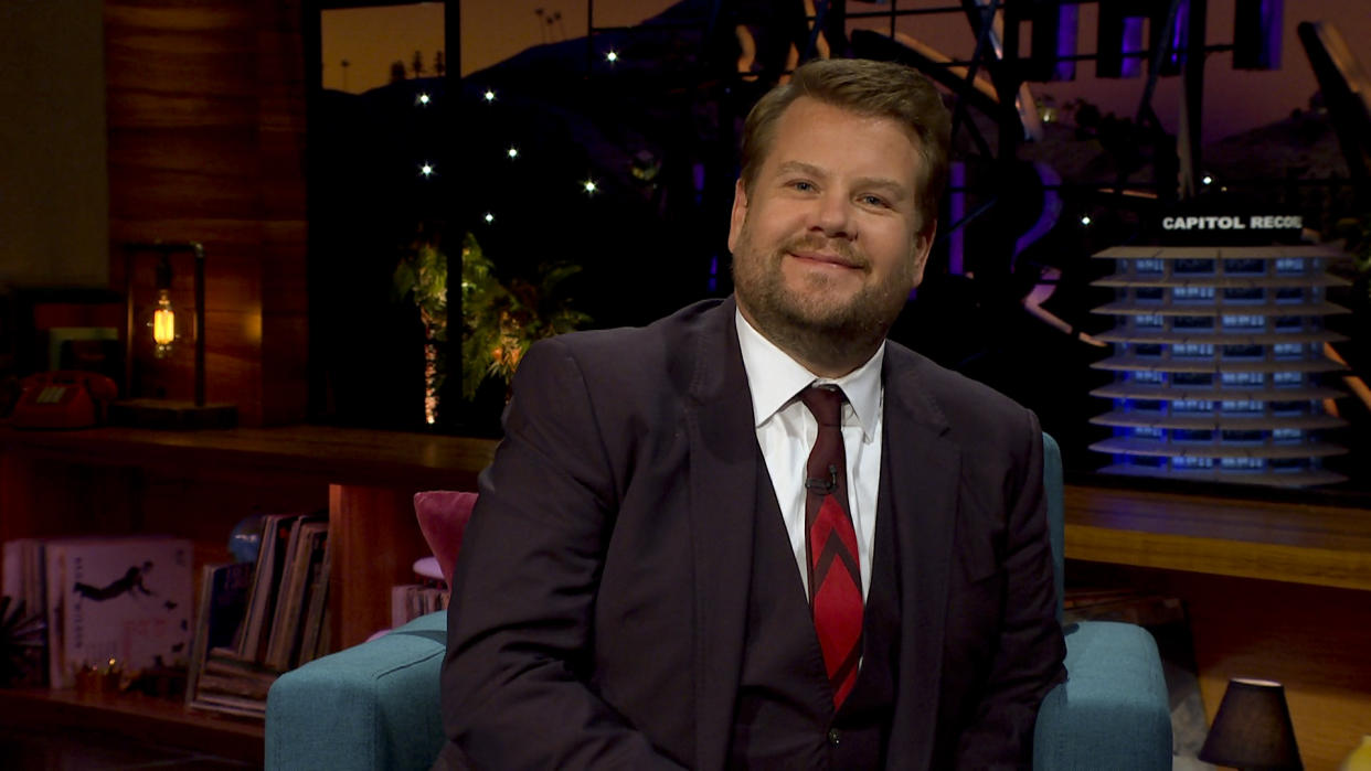 James chats with guests on THE LATE LATE SHOW WITH JAMES CORDEN. (Photo by CBS via Getty Images)