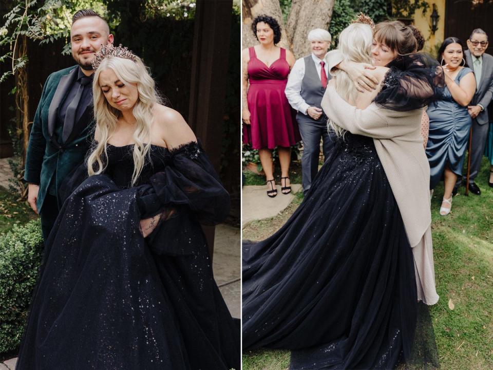 A side-by-side of a bride crying and the same bride hugging her sister.