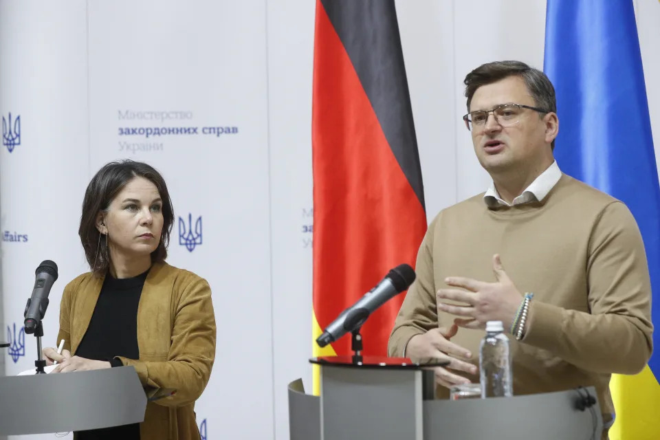 Ukrainian Foreign Minister Dmytro Kuleba speaks during a joint news conference with German Foreign Minister Annalena Baerbock, as Russia's attack on Ukraine continues, in Kyiv, Ukraine, May 10, 2022. (Valentyn Ogirenko/Pool via AP)