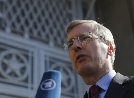 FILE PHOTO: British Ambassador to Russia Laurie Bristow addresses the media while leaving the Russian foreign ministry building in Moscow, Russia March 30, 2018. REUTERS/Maxim Shemetov