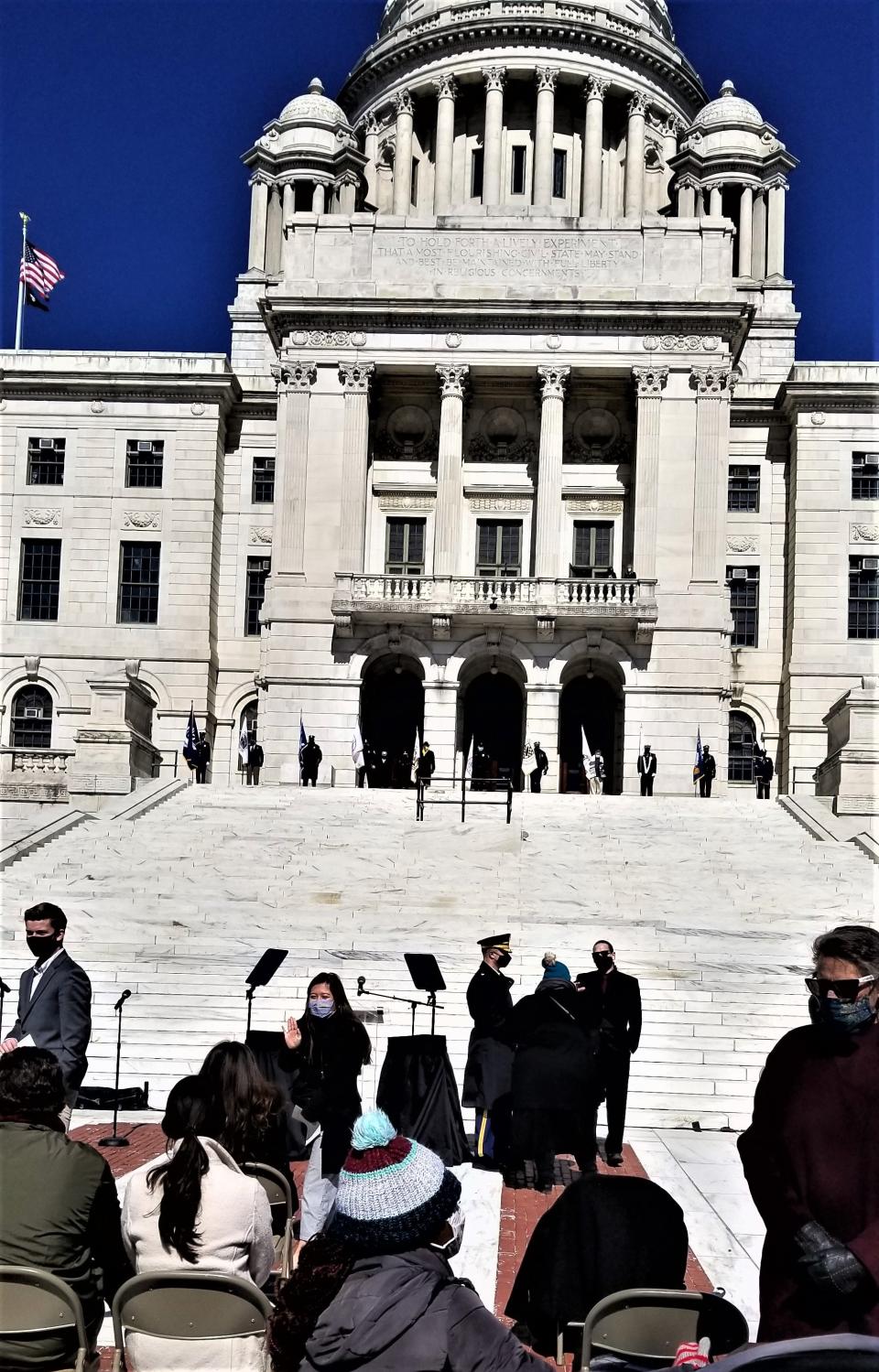 The south steps of the State House minutes before the ceremonial inauguration of Gov. Dan McKee began in March 2021.