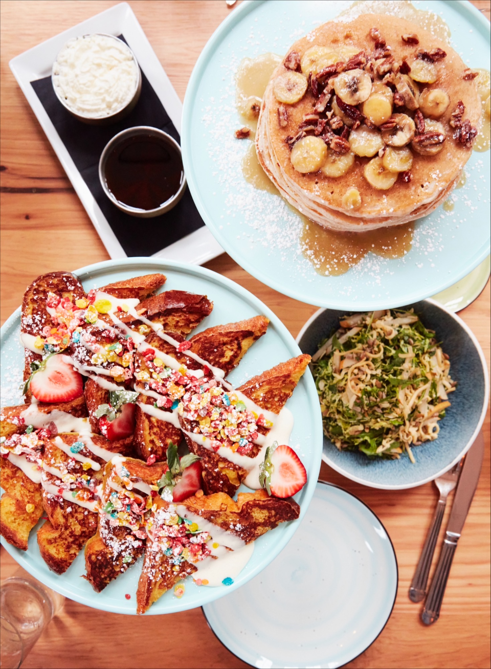 Fruity Pebbles French toast and banana foster pancakes are offered at 220 Merrill for Mother's Day.