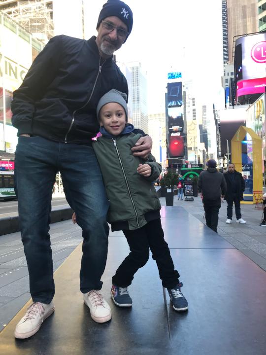 Gene Talericu, 61, of Inwood in upper Manhattan, took his son Vincenzo, 6, on “a joywalk” of New York City on Monday.