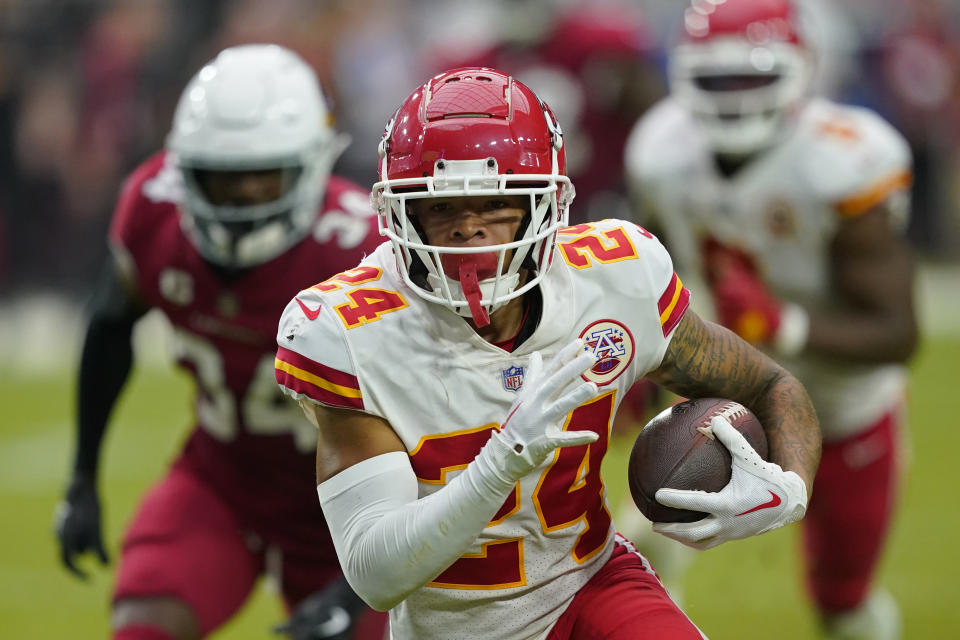 Kansas City Chiefs receiver Skyy Moore doesn't appear to have a fantasy relevant role early in the season. (AP Photo/Matt York)