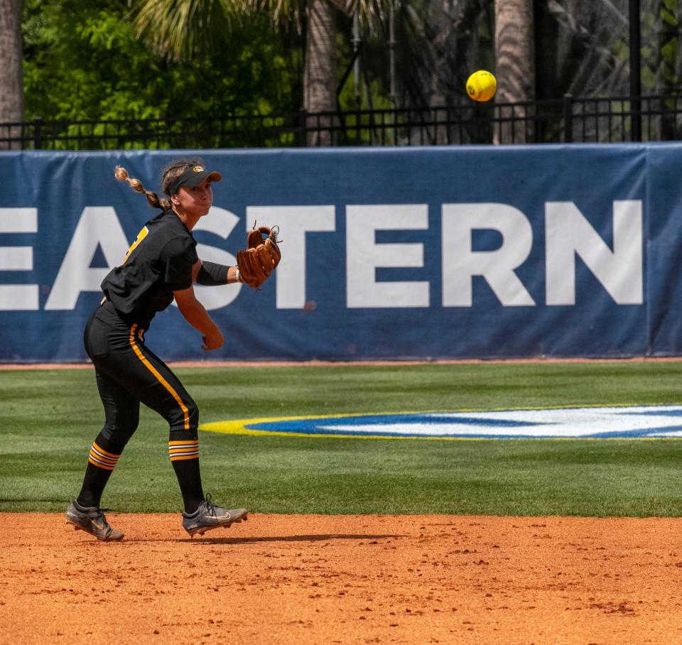 Missouri infielder Jenna Laird (3) throws to first for the out on Tennessee in the bottom of the first inning in the semifinal game of the SEC Tournament on Friday at Katie Seashole Pressly Stadium in Gainesville, Fla.