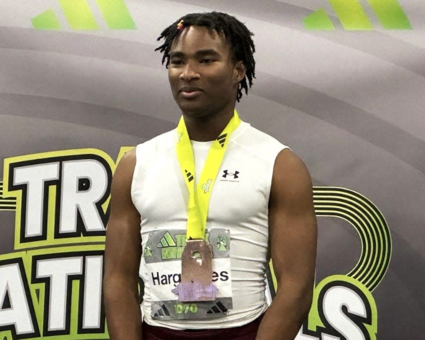 Iona Prep senior Justin Hargraves after getting his fifth-place medal in the boys 60-meter sprint championship at the 2024 Adidas Indoor Nationals in Virginia. Hargraves' finish made him an all-American.
