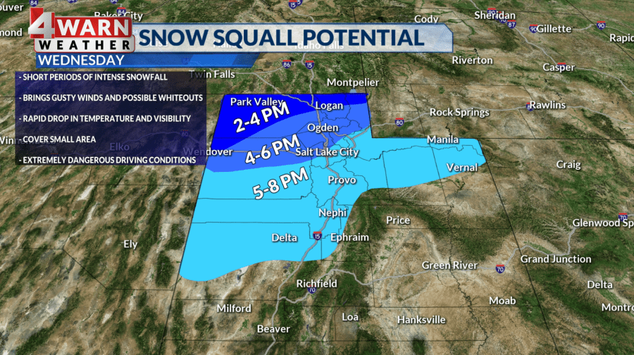 This map shows the snow squall potential for Wednesday afternoon and evening.