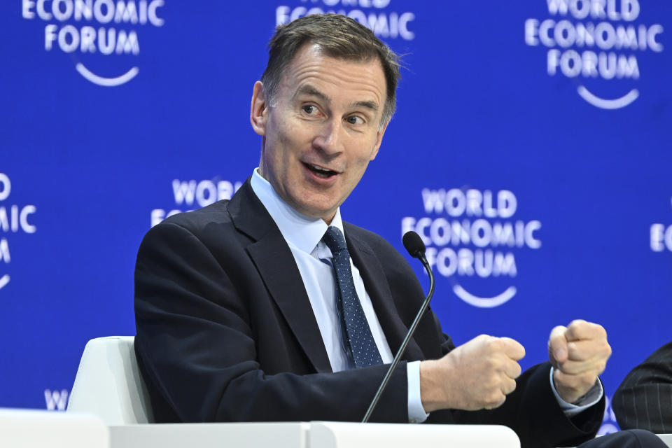 DAVOS, SWITZERLAND - JANUARY 18: UK Chancellor of the Exchequer Jeremy Hunt speaks during the World Economic Forum (WEF) in Davos, Switzerland on January 18, 2024. (Photo by Halil Sagirkaya/Anadolu via Getty Images)