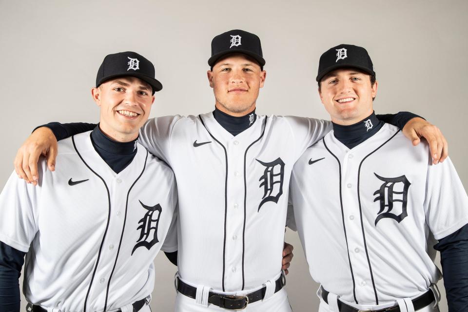 From left, pitchers Tarik Skubal, Matt Manning and Casey Mize pose for a photo during Detroit Tigers spring training at TigerTown in Lakeland, Fla., Thursday, Feb. 20, 2020.