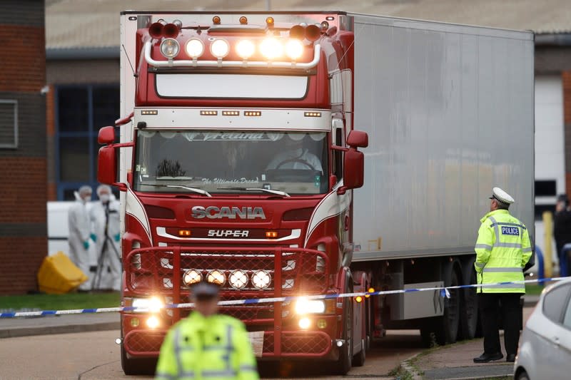 The scene where bodies were discovered in a lorry container, in Grays, Essex