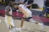 Golden State Warriors' Stephen Curry (30) celebrates after a three-point basket in the second half of an NBA basketball game against the Cleveland Cavaliers, Thursday, April 15, 2021, in Cleveland. (AP Photo/David Dermer)