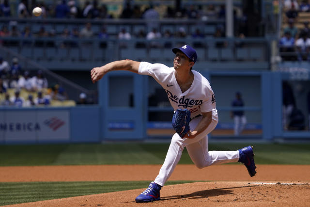 Los Angeles Dodgers starting pitcher Walker Buehler throws to the plate during the first inning of a baseball game against the Detroit Tigers Sunday, May 1, 2022, in Los Angeles. (AP Photo/Mark J. Terrill)